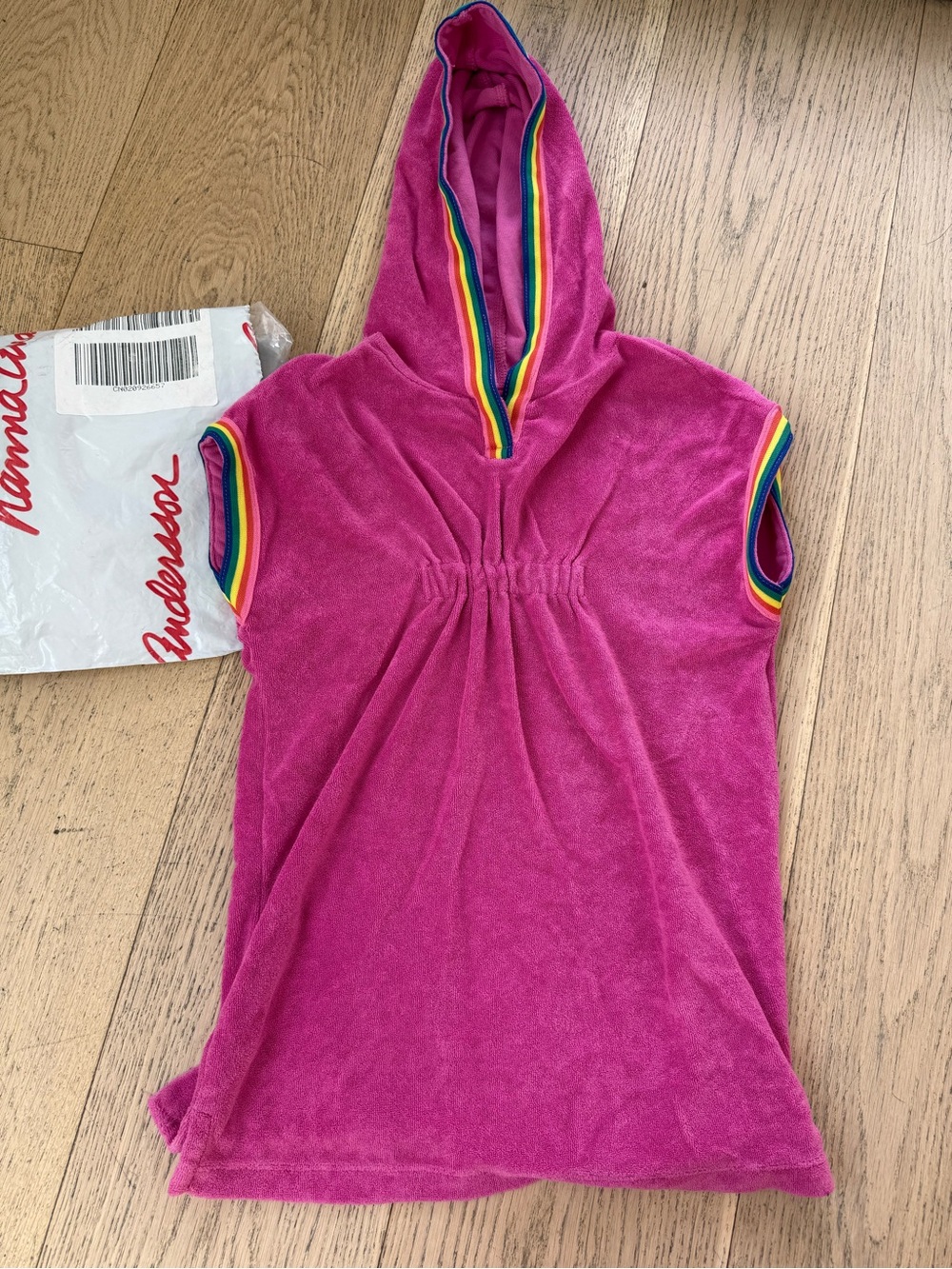 Hanna Andersson Fuchsia Hooded Terry Poncho with Rainbow Trim